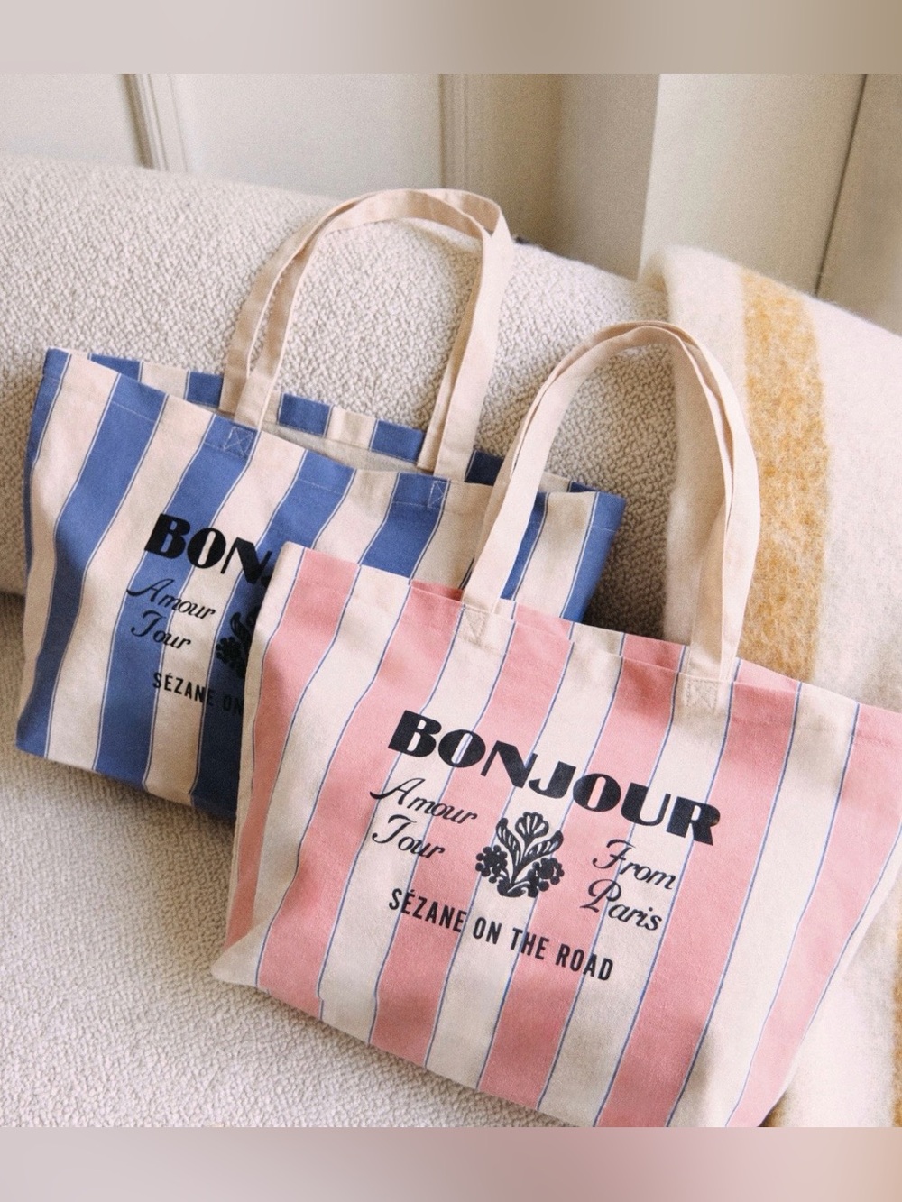 Sezane Blue Stripe Bonjour Amour Tour From Paris Canvas Tote